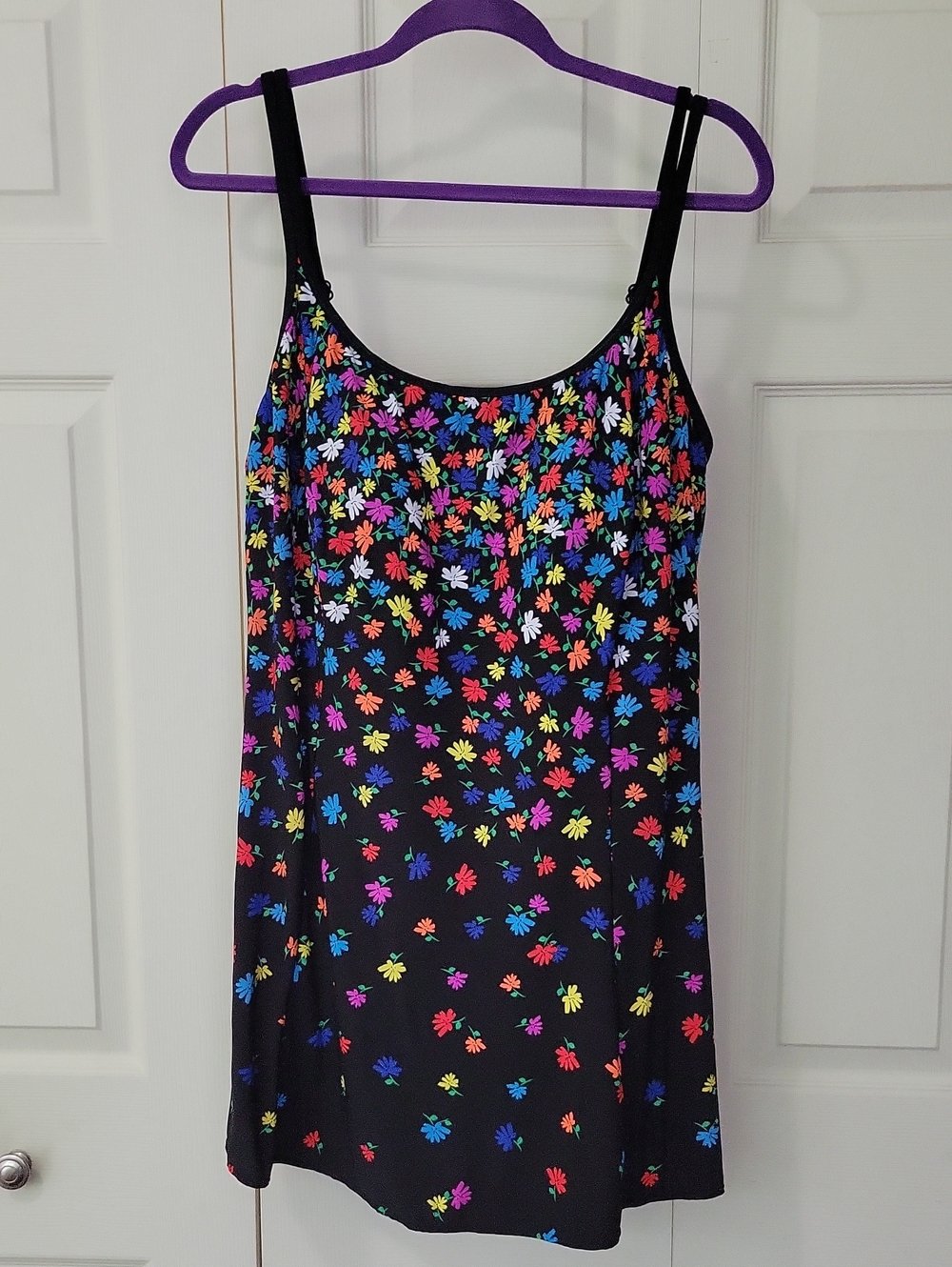 Black Floral One Piece Swim Dress with Multicolor Daisies